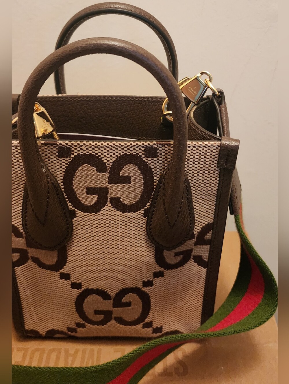 Gucci Brown/Beige GG Canvas Mini Tote with Branded Green-Red Web Strap/ Dust Bag
